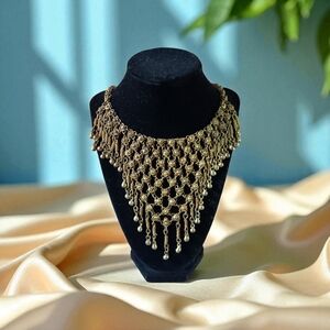 Vintage Gold Tone Bib Style Chainmail Necklace Length 14" Round beads are bells